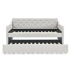 Lit de repos double capitonné en lin beige/vert/gris avec lit gigogne, 2 places