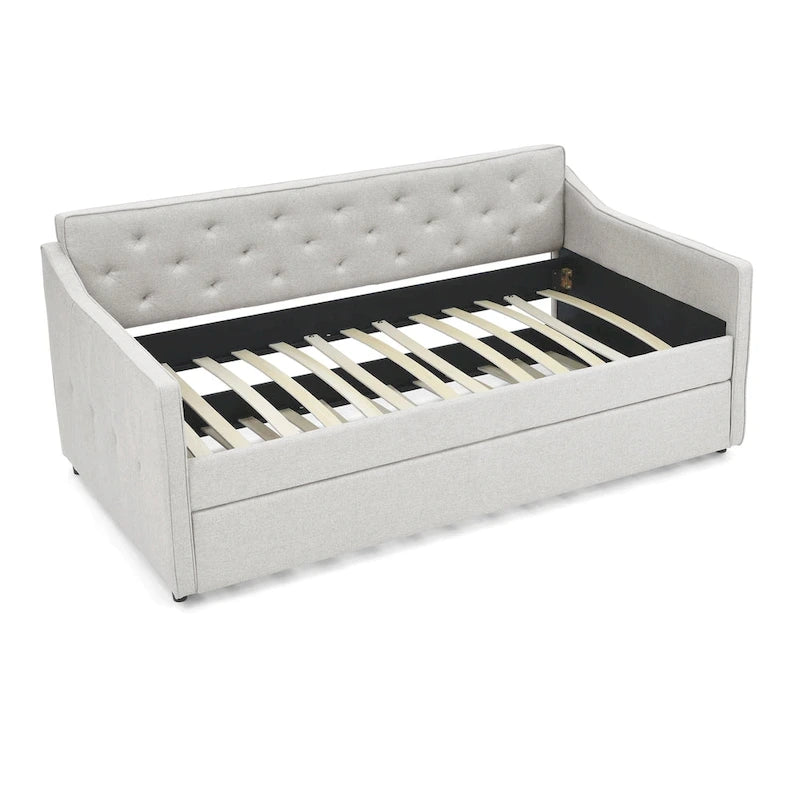 Lit de repos double capitonné en lin beige/vert/gris avec lit gigogne, 2 places