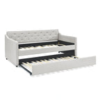 Lit de repos double capitonné en lin beige/vert/gris avec lit gigogne, 2 places