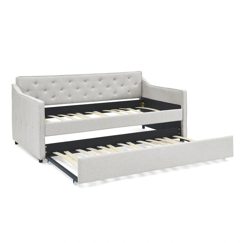 Lit de repos double capitonné en lin beige/vert/gris avec lit gigogne, 2 places