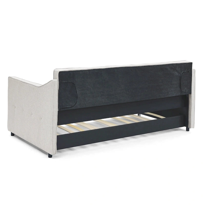 Lit de repos double capitonné en lin beige/vert/gris avec lit gigogne, 2 places
