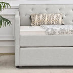 Lit de repos double capitonné en lin beige/vert/gris avec lit gigogne, 2 places