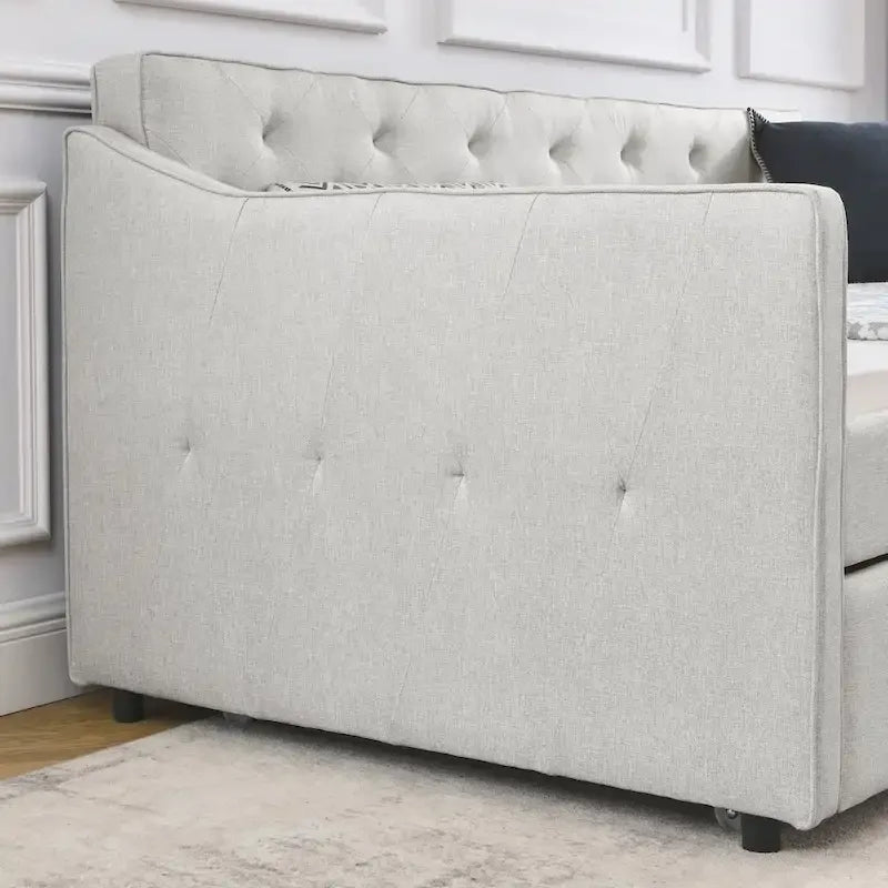 Lit de repos double capitonné en lin beige/vert/gris avec lit gigogne, 2 places