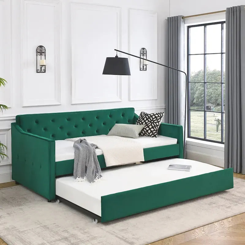 Lit de repos double capitonné en lin beige/vert/gris avec lit gigogne, 2 places