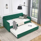 Lit de repos double capitonné en lin beige/vert/gris avec lit gigogne, 2 places