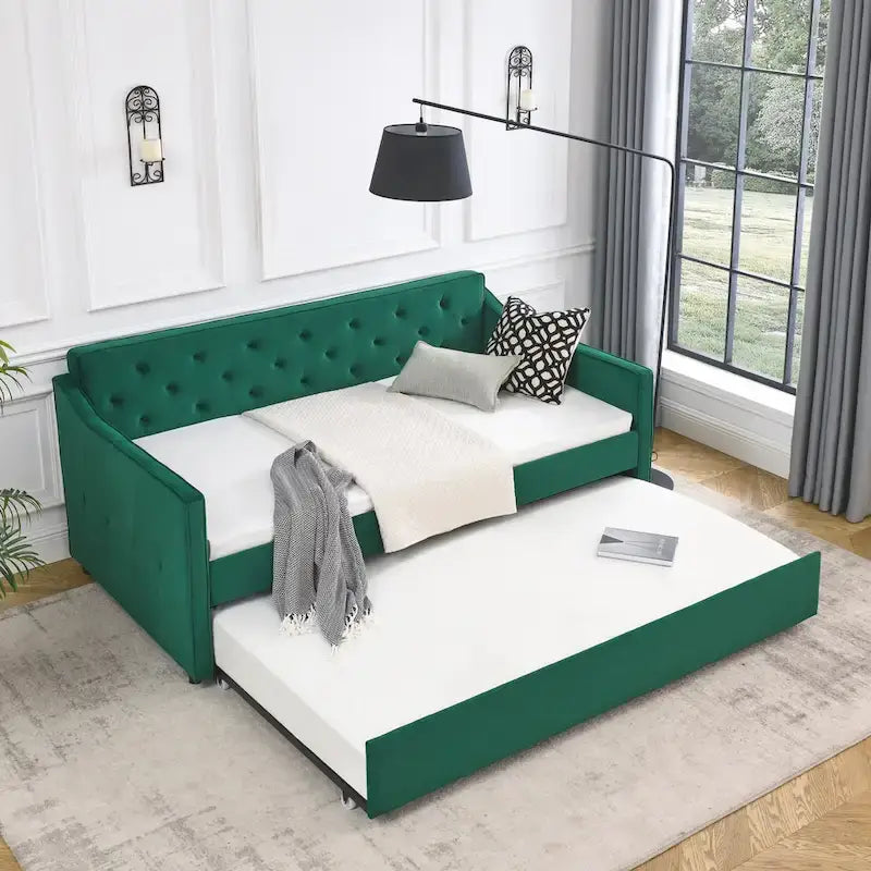 Lit de repos double capitonné en lin beige/vert/gris avec lit gigogne, 2 places