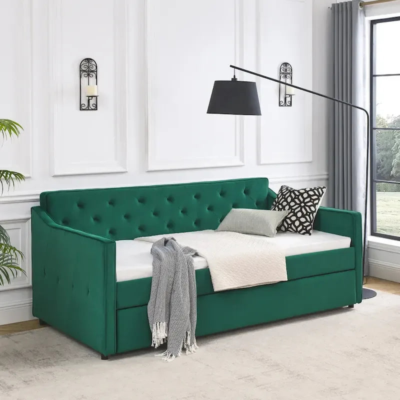 Lit de repos double capitonné en lin beige/vert/gris avec lit gigogne, 2 places