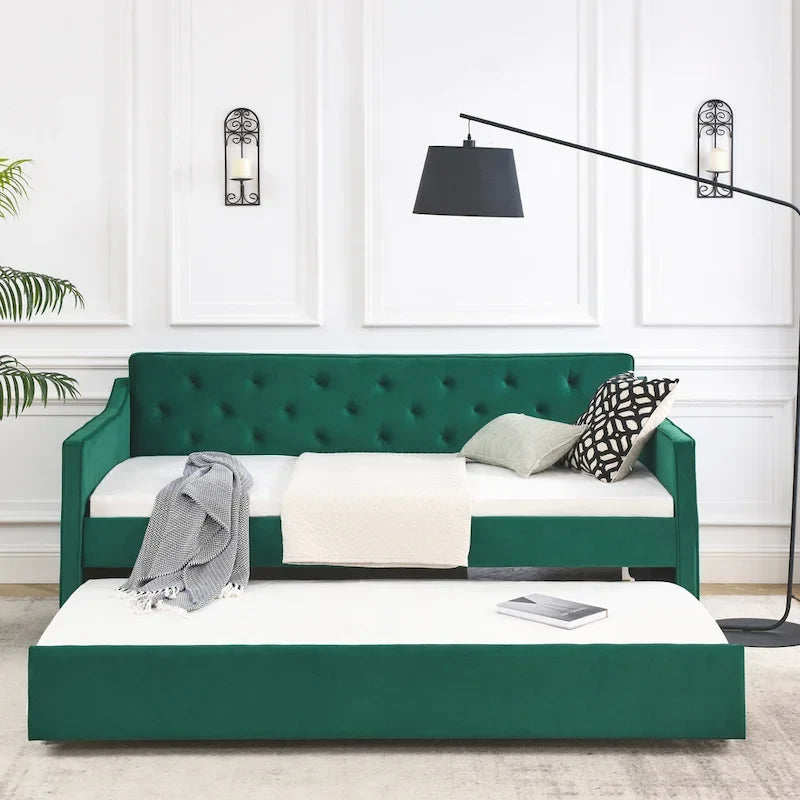 Lit de repos double capitonné en lin beige/vert/gris avec lit gigogne, 2 places