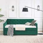 Lit de repos double capitonné en lin beige/vert/gris avec lit gigogne, 2 places