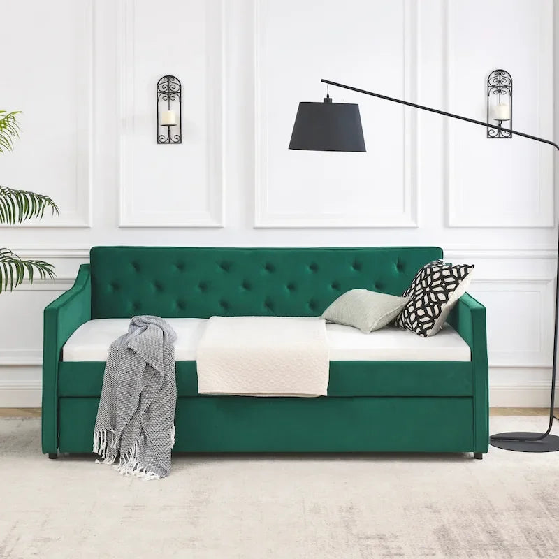 Lit de repos double capitonné en lin beige/vert/gris avec lit gigogne, 2 places