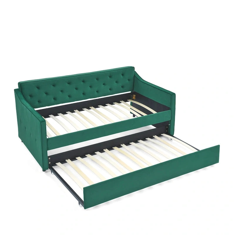 Lit de repos double capitonné en lin beige/vert/gris avec lit gigogne, 2 places