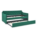 Lit de repos double capitonné en lin beige/vert/gris avec lit gigogne, 2 places