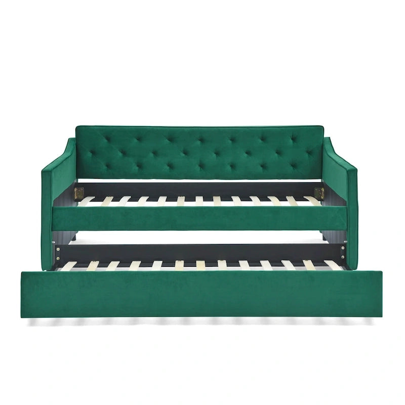 Lit de repos double capitonné en lin beige/vert/gris avec lit gigogne, 2 places