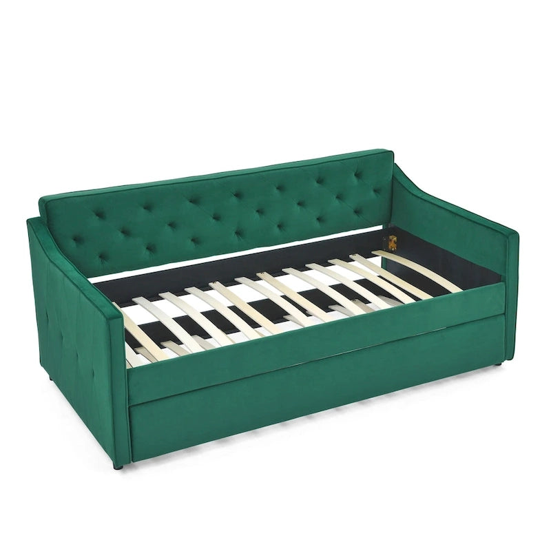 Lit de repos double capitonné en lin beige/vert/gris avec lit gigogne, 2 places