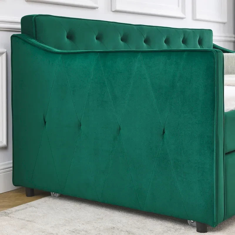 Lit de repos double capitonné en lin beige/vert/gris avec lit gigogne, 2 places