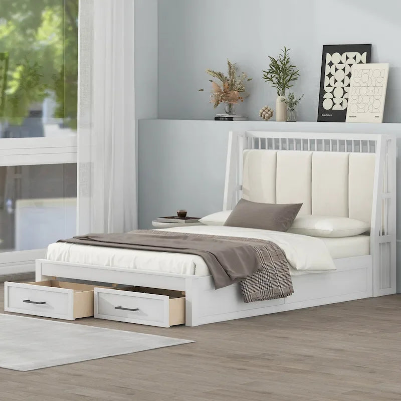 Full Size Wooden Platform Bed with Upholstered Headboard and 2 Drawers