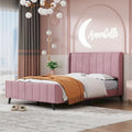 Lit plateforme capitonné en velours rose avec tête de lit à oreilles, grand lit, 1 personne
