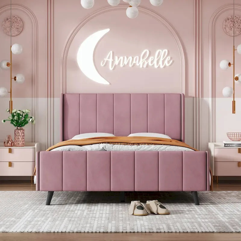 Lit plateforme capitonné en velours rose avec tête de lit à oreilles, grand lit, 1 personne