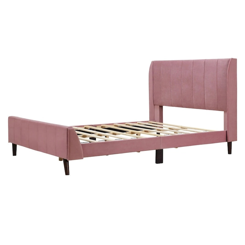 Lit plateforme capitonné en velours rose avec tête de lit à oreilles, grand lit, 1 personne