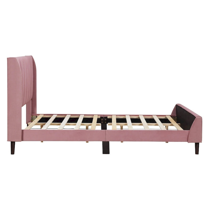 Lit plateforme capitonné en velours rose avec tête de lit à oreilles, grand lit, 1 personne