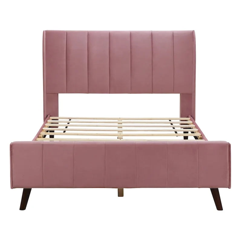 Lit plateforme capitonné en velours rose avec tête de lit à oreilles, grand lit, 1 personne