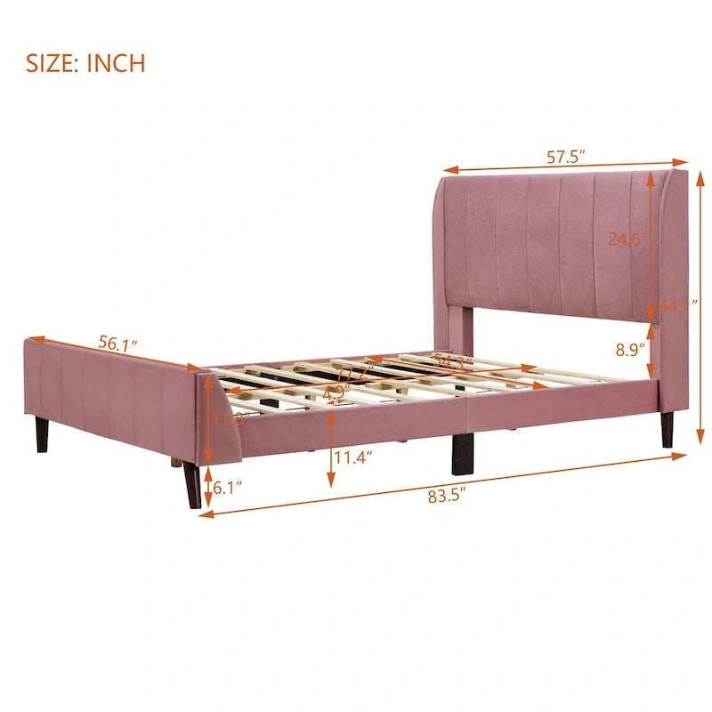 Lit plateforme capitonné en velours rose avec tête de lit à oreilles, grand lit, 1 personne