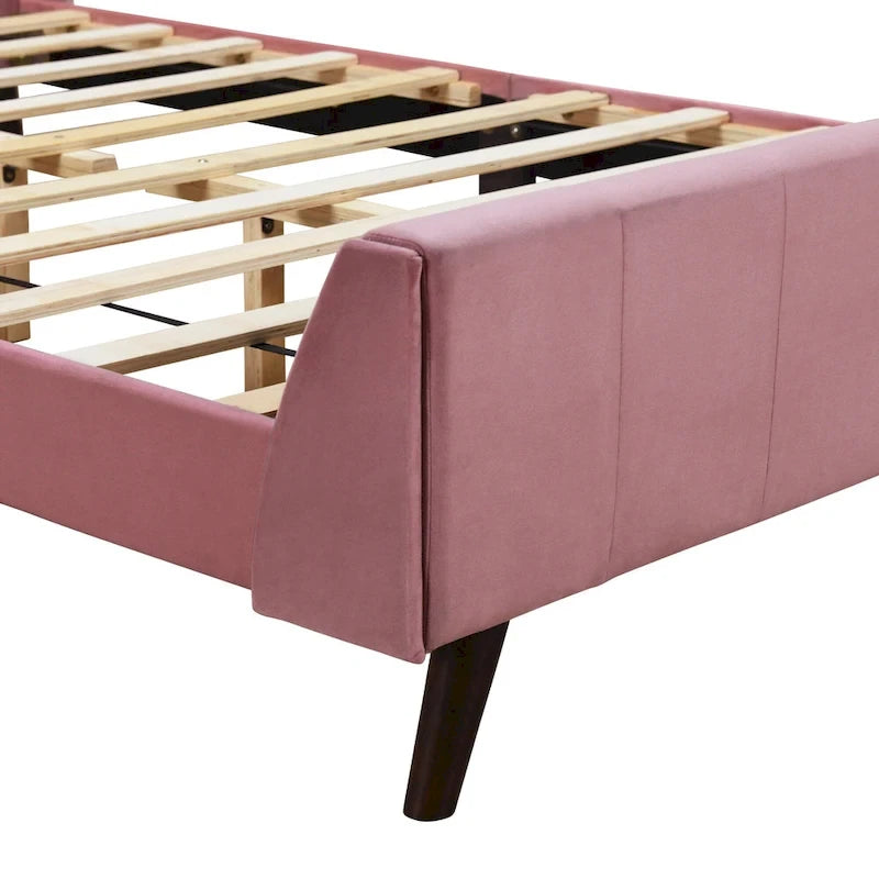 Lit plateforme capitonné en velours rose avec tête de lit à oreilles, grand lit, 1 personne