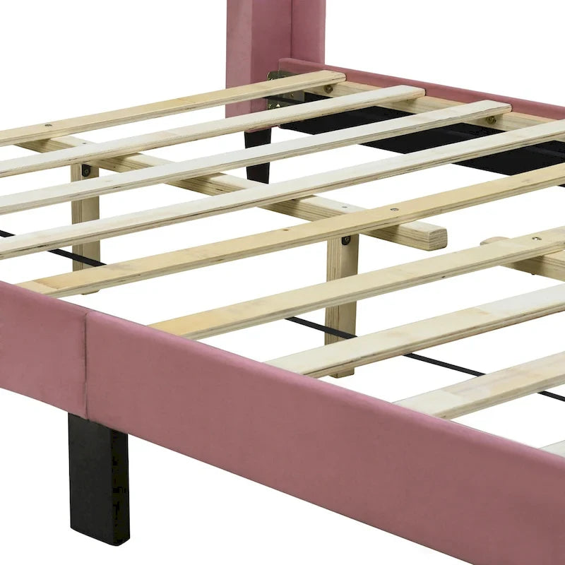 Lit plateforme capitonné en velours rose avec tête de lit à oreilles, grand lit, 1 personne