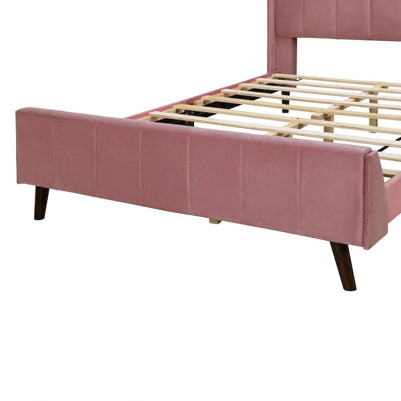 Lit plateforme capitonné en velours rose avec tête de lit à oreilles, grand lit, 1 personne