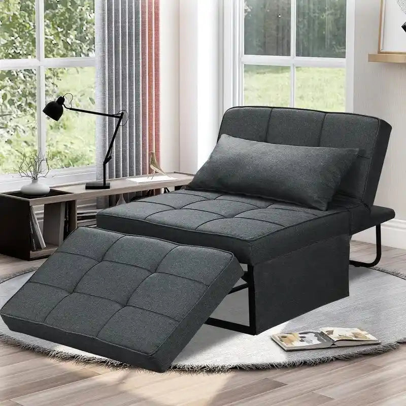 Fauteuil convertible 4-en-1 avec pouf, lin, gris foncé/bleu foncé/gris/blanc/marron, une place