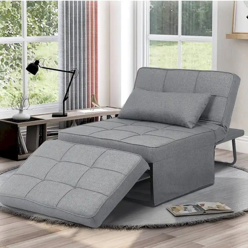 Fauteuil convertible 4-en-1 avec pouf, lin, gris foncé/bleu foncé/gris/blanc/marron, une place