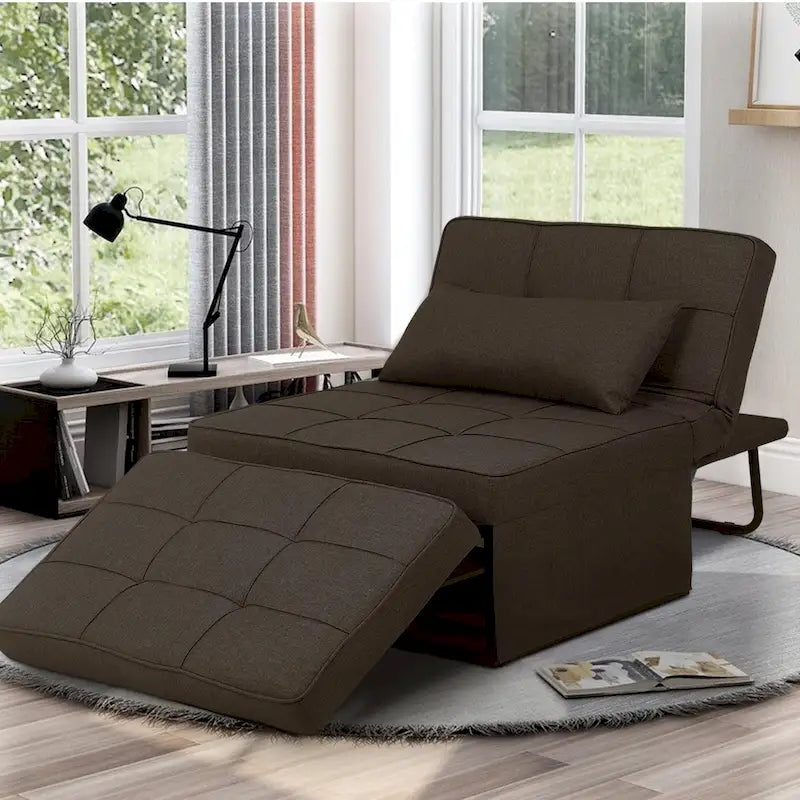 Fauteuil convertible 4-en-1 avec pouf, lin, gris foncé/bleu foncé/gris/blanc/marron, une place