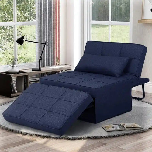 Fauteuil convertible 4-en-1 avec pouf, lin, gris foncé/bleu foncé/gris/blanc/marron, une place
