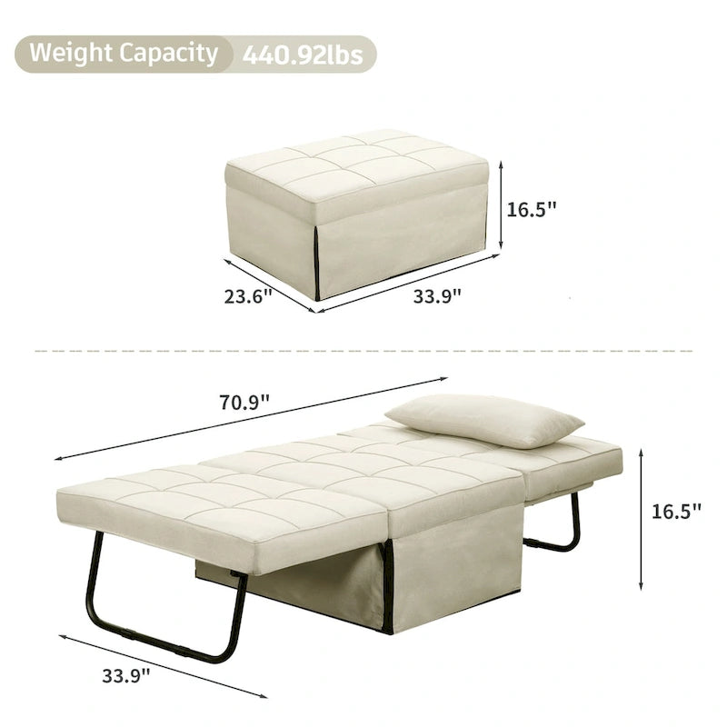 Fauteuil convertible 4-en-1 avec pouf, lin, gris foncé/bleu foncé/gris/blanc/marron, une place