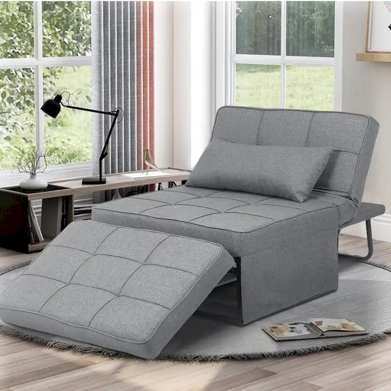 Fauteuil convertible 4-en-1 avec pouf, lin, gris foncé/bleu foncé/gris/blanc/marron, une place