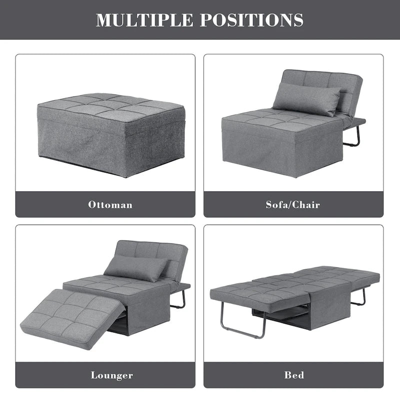 Fauteuil convertible 4-en-1 avec pouf, lin, gris foncé/bleu foncé/gris/blanc/marron, une place