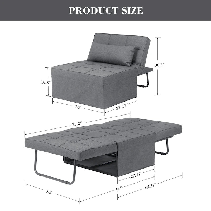 Fauteuil convertible 4-en-1 avec pouf, lin, gris foncé/bleu foncé/gris/blanc/marron, une place