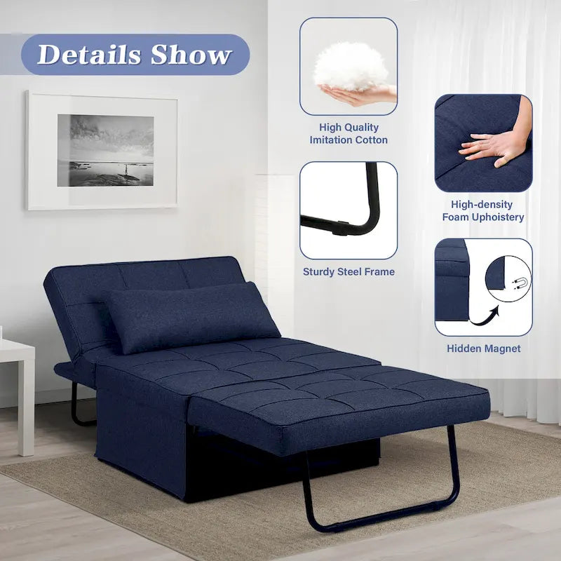 Fauteuil convertible 4-en-1 avec pouf, lin, gris foncé/bleu foncé/gris/blanc/marron, une place