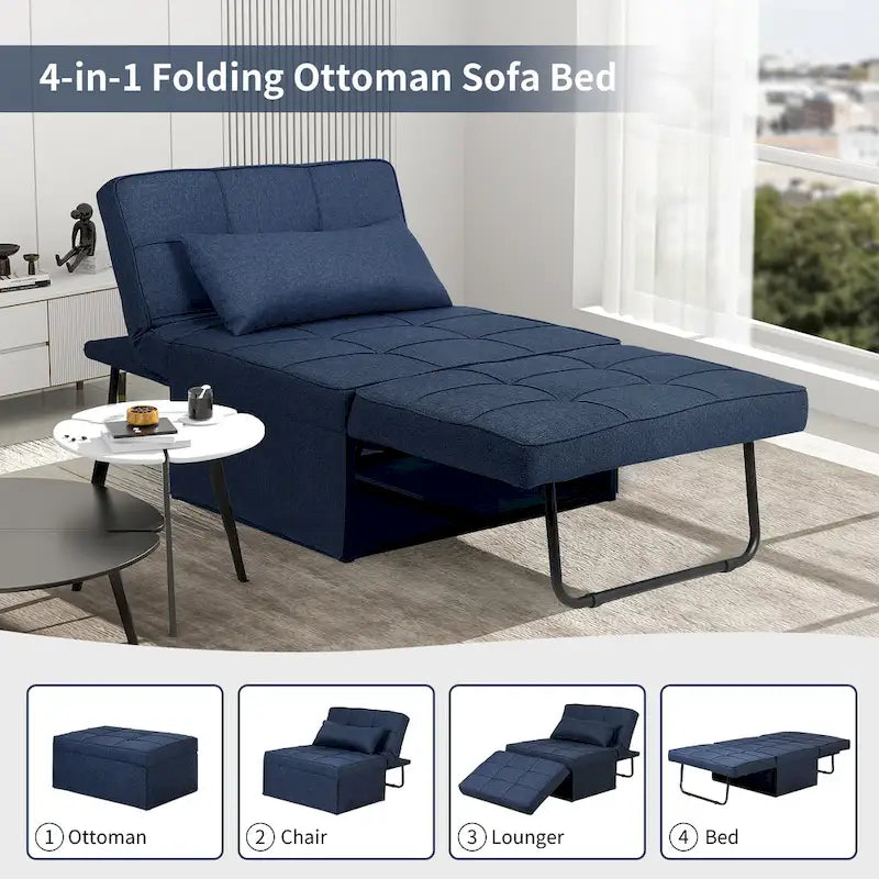 Fauteuil convertible 4-en-1 avec pouf, lin, gris foncé/bleu foncé/gris/blanc/marron, une place