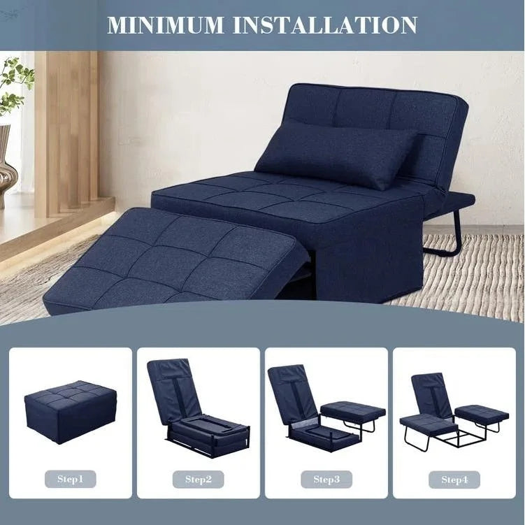 Fauteuil convertible 4-en-1 avec pouf, lin, gris foncé/bleu foncé/gris/blanc/marron, une place