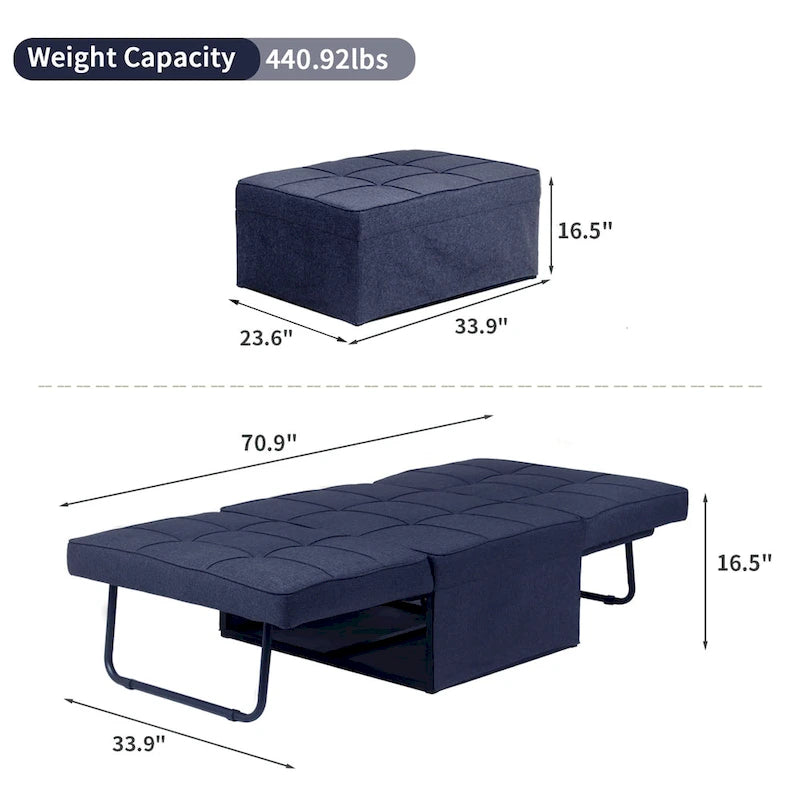 Fauteuil convertible 4-en-1 avec pouf, lin, gris foncé/bleu foncé/gris/blanc/marron, une place