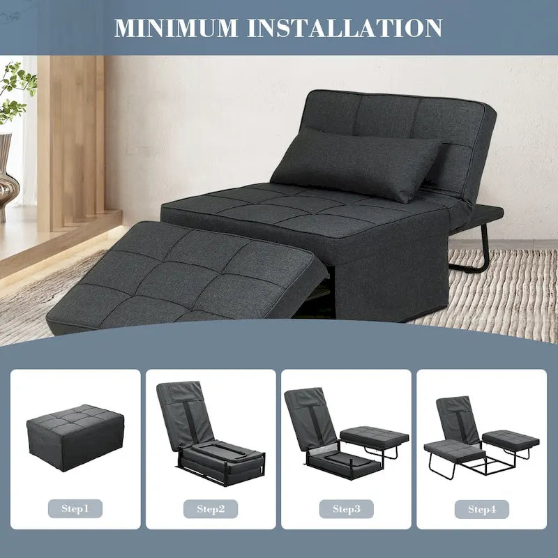 Fauteuil convertible 4-en-1 avec pouf, lin, gris foncé/bleu foncé/gris/blanc/marron, une place