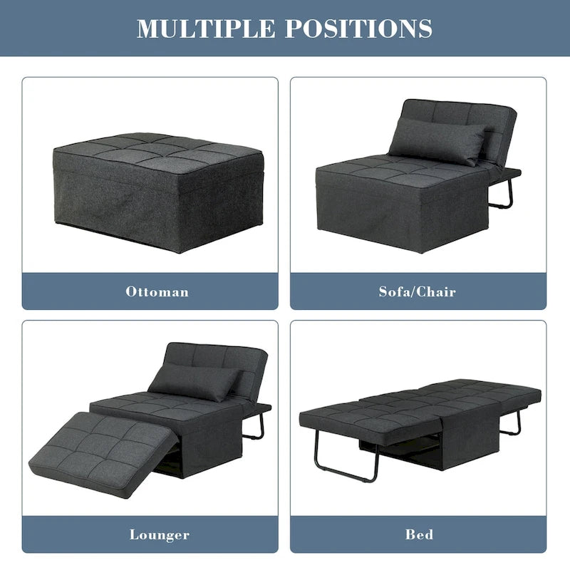 Fauteuil convertible 4-en-1 avec pouf, lin, gris foncé/bleu foncé/gris/blanc/marron, une place