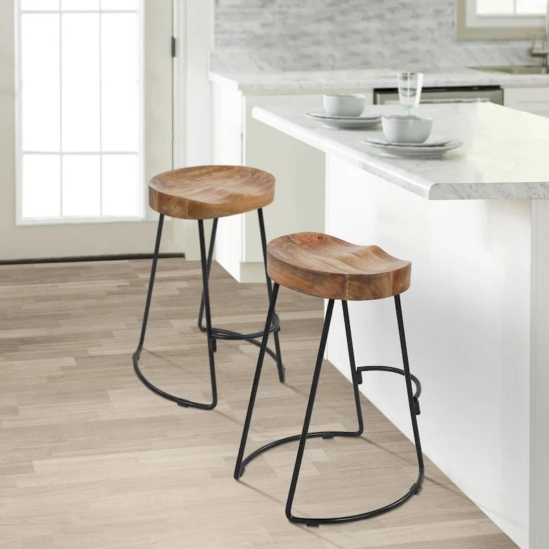 Tabouret de bar dossier bas, marron naturel et noir, assise selle en bois de manguier, 1 place