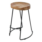 Tabouret de bar dossier bas, marron naturel et noir, assise selle en bois de manguier, 1 place