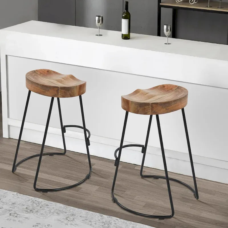 Tabouret de bar dossier bas, marron naturel et noir, assise selle en bois de manguier, 1 place