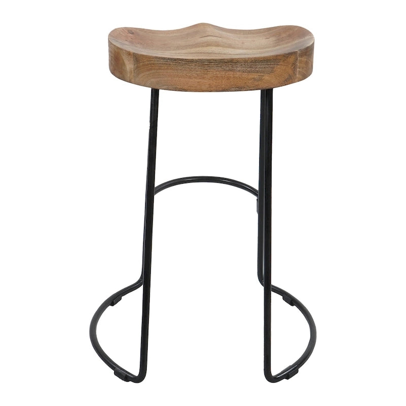 Tabouret de bar dossier bas, marron naturel et noir, assise selle en bois de manguier, 1 place