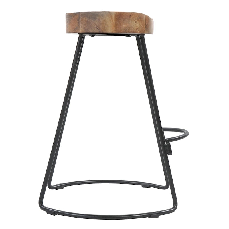 Tabouret de bar dossier bas, marron naturel et noir, assise selle en bois de manguier, 1 place