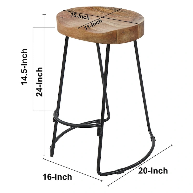 Tabouret de bar dossier bas, marron naturel et noir, assise selle en bois de manguier, 1 place