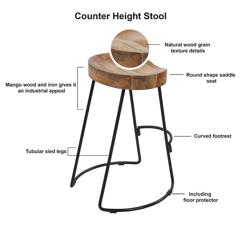Tabouret de bar dossier bas, marron naturel et noir, assise selle en bois de manguier, 1 place